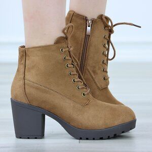 Tan Ankle Boots Chunky Block Lug High Heel Booties Lace-Up